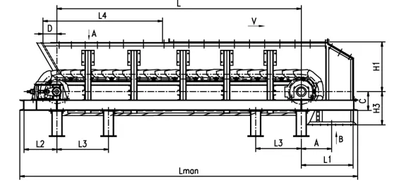 Dimension drawing of light-duty chain apron feeder, structural layout and size marking of apron feeder equipment